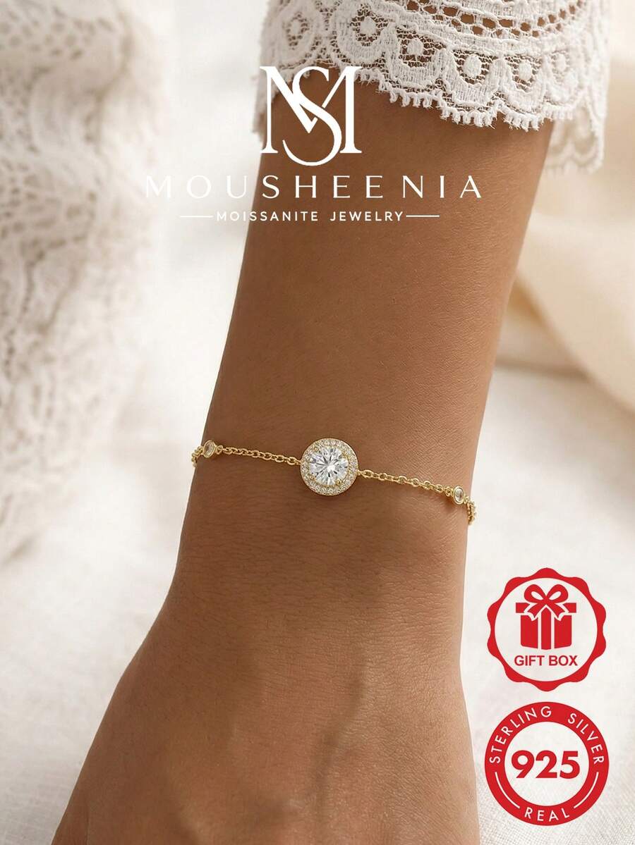 MOUSHEENIA 1克拉莫桑石光環手鍊,925純銀鍊條,閃耀實驗室培育鑽石,精緻週年紀念禮物送給她,極簡高端珠寶 - 手鍊 - 查看 1