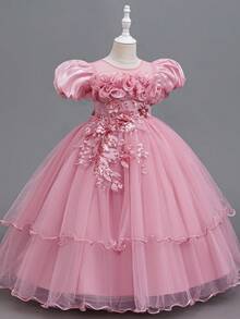 Young Girls Elegant Petal Sleeve Wedding Dress Princess Gown With Beaded Sequin 3D Floral Decor Fluffy Long Skirt, Suitable For Graduation Prom, Party Wear - Dusty Pink - View 7