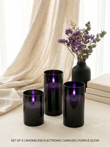 3pcs Remote Control Purple Flame Electronic Candles, Realistic Flickering Purple Flame, Timer Dimmable, Halloween Dark Room Bedroom Party Smokeless Tabletop Atmosphere Decoration Candle Light Set - Black Purple Light - View 7