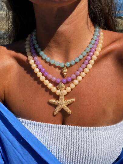 3/2/1pc Fashion Elegant Cute Minimalist Beach Style Macaron Color Purple Blue Yellow Faux Starfish Seashell Pendant Beaded Necklace Set For Women, Vacation Party Date Beach Seaside Daily Wear, New Versatile Combination