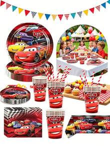 Red Racing Car Cartoon Theme Disposable Party Tableware Set, Birthday Paper Plates, Cups, Napkins, Straws, Full Set Party Decoration Supplies - Multicolor - View 6