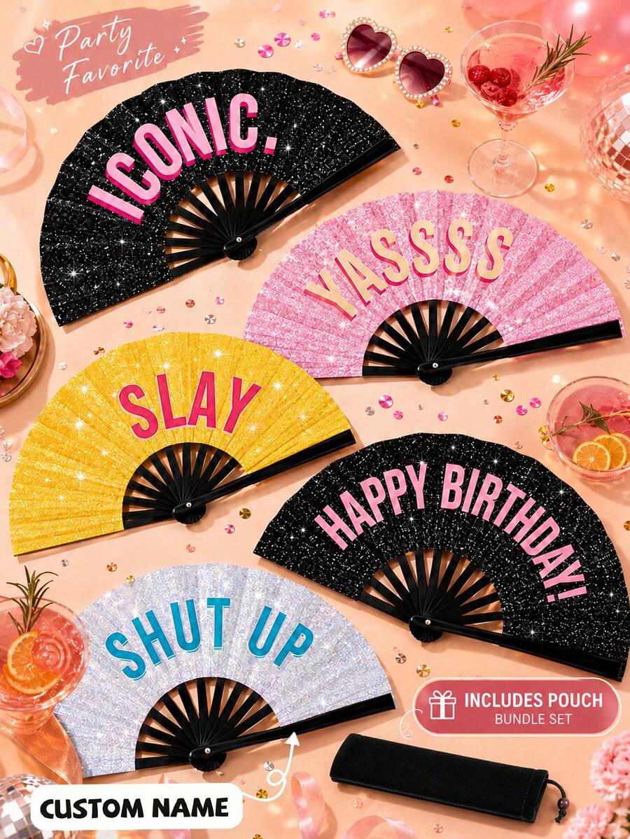 1/2pcs Personalized Coloured Fans With Retro Curved Font: With Storage Bag,Add Any Text, Name, Or Quote,Suitable For Weddings, Tea Parties, Bridesmaid - Multicolor - View 1