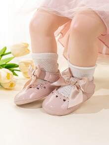 Baby Girl Shiny Mary Jane Infant Shoes, Satin Bow Wavy Ruffle Heart Hollow Soft Sole Princess Dress Walking Shoes - Pink - View 8