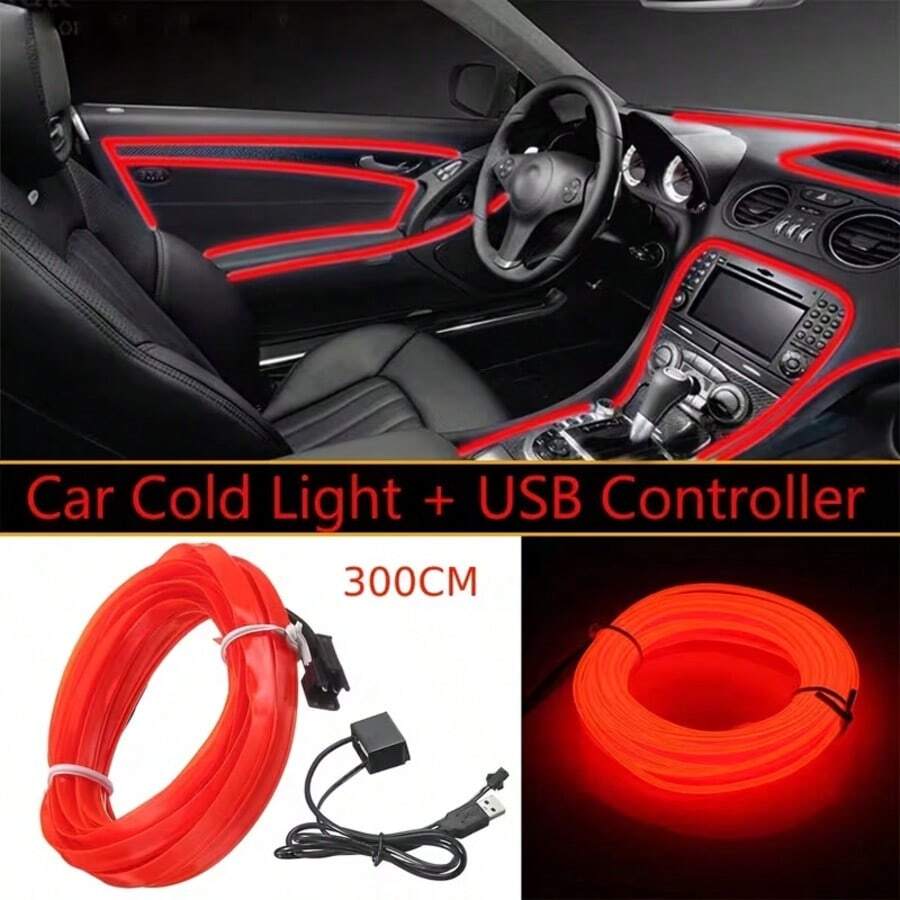 1pc 3M Car EL Glowing Wire, Low-Key Creative Minimalist Design, USB Plug And Play, Easy To Install, Soft Light Car Interior Decoration, Essential Fashion Accessory For Car Owners, Suitable As Holiday Gift For Car Enthusiasts - A - View 1