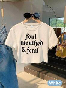 100% Cotton Crop Top T-Shirt With Gothic Lettering Foul Mouthed  , On Wooden Hanger, Glasses, Blue Jeans, Indoor Staircase, Vacation Outfitswomen - 白色 - 查看 1