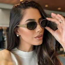 1pc Vintage Oval Metal Small Frame Fashion Street Style Glasses, Travel Beach Accessory Glasses, Suitable For Outdoor, Back To School Season - Golden Gray - View 5
