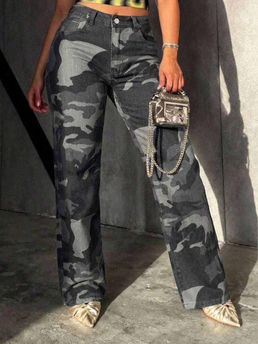 Celana Jeans Boyfriend Wanita Model Lurus Longgar Gaya Vintage dengan Efek Lusuh - Hijau Tentara - View 1