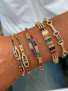 1pc Gold-Plated Copper Colorful Zirconia Micro-Inlaid Geometric Multi-Layer Versatile Bracelet For Women, European And American Cross-Border Style - Gold - View 1