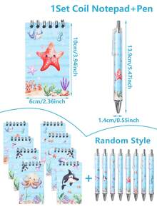 1/4/8pcs Blue Ocean Animal Theme Notebook & Diary Set, Cute Ocean Animal Pocket Notebook (10cm) And Pen (14cm) Set, Ocean Theme Party Gift, Birthday Party - Blue - View 5
