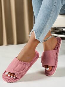 Women's Strap Flat Hook And Loop Non-Slip Wear-Resistant Solid Color Open Toe Low Heel Fuzzy Slippers Home Comfortable Large Rabbit Fur Faux Fur - Magenta - View 3