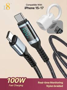 Kabel USB C ke USB C D8 1,2M Jalinan Nilon 100W 5A Kabel Pengisian Cepat PD dengan Layar Digital LED Pengukur Daya, Kabel Pengisi Daya Tipe C, Kompatibel dengan iPhone Duo/18/17/16/15, Galaxy S24/S23/S22 Kabel Sinkronisasi Data Pengisian Cepat, Kabel Tipe C Jalinan Tahan Lama - Beraneka warna - View 2
