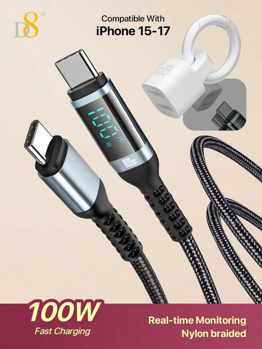 Kabel USB C ke USB C D8 1,2M Jalinan Nilon 100W 5A Kabel Pengisian Cepat PD dengan Layar Digital LED Pengukur Daya, Kabel Pengisi Daya Tipe C, Kompatibel dengan iPhone Duo/18/17/16/15, Galaxy S24/S23/S22 Kabel Sinkronisasi Data Pengisian Cepat, Kabel Tipe C Jalinan Tahan Lama