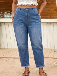 Plus Size Washed Denim Mom Jeans, Cropped Length With Pockets And Zipper, Suitable For Daily Wear, Fashionable And Versatile - Blue - View 2
