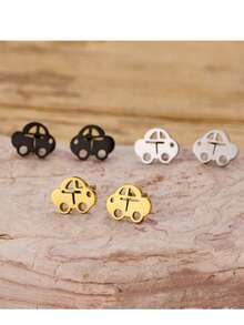 1 Pair Golden Stainless Steel Cartoon Car Stud Earrings, Dainty Cute Tiny Auto Vehicle Ear Jewelry For Women Daily Outfit - GED893 - View 3