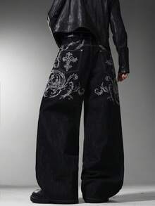 Skyrend Men Gothic Wide Leg Jeans, American Streetwear Denim Pants, Retro Embroidered Grunge Baggy Jeans For All Season Daily Commute, No Belt Halloween - Black - View 5