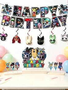 Rainbow Friends Theme Birthday Party Decoration Set, Happy Birthday Paper Banner Hanging Decor & Rotating Decoration & Decorative Picks, Cartoon Game Character Decoration Set, Suitable For Birthday Backdrop And Tabletop Decoration - YL-hP-301 - View 3