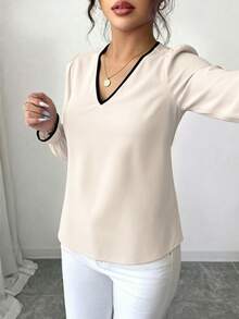 abyoxi V Neck Contrast Black Trim Blouse Women Elegant Puff Long Sleeve Flare Cuff Satin Shirt Casual Office Daily Wear Chic Loose Fit Tops - Apricot - View 5
