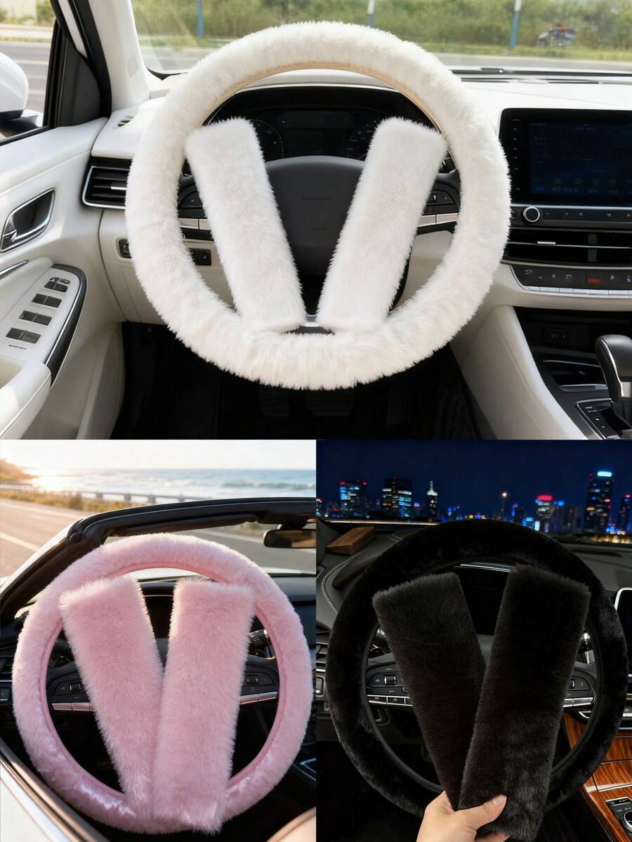 3pcs/Set Car Plush Steering Wheel Cover And Shoulder Protector, 3 Pieces Set, Suitable For Spring, Autumn, Winter Use. - Multicolor - View 1