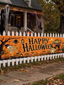 1pc Halloween Banner, Vintage Orange Happy Halloween Letters With Pumpkin, Ghost, Black Cat, Skeleton Monster Print, Suitable For Porch, Yard, Wall And Holiday Party Decoration - Vintage Cartoon - View 2