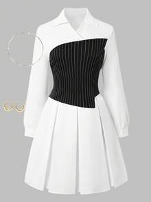 Autumn Girls Fashion Casual Striped Colorblock Shirt Midi Dress - Black and White - View 1