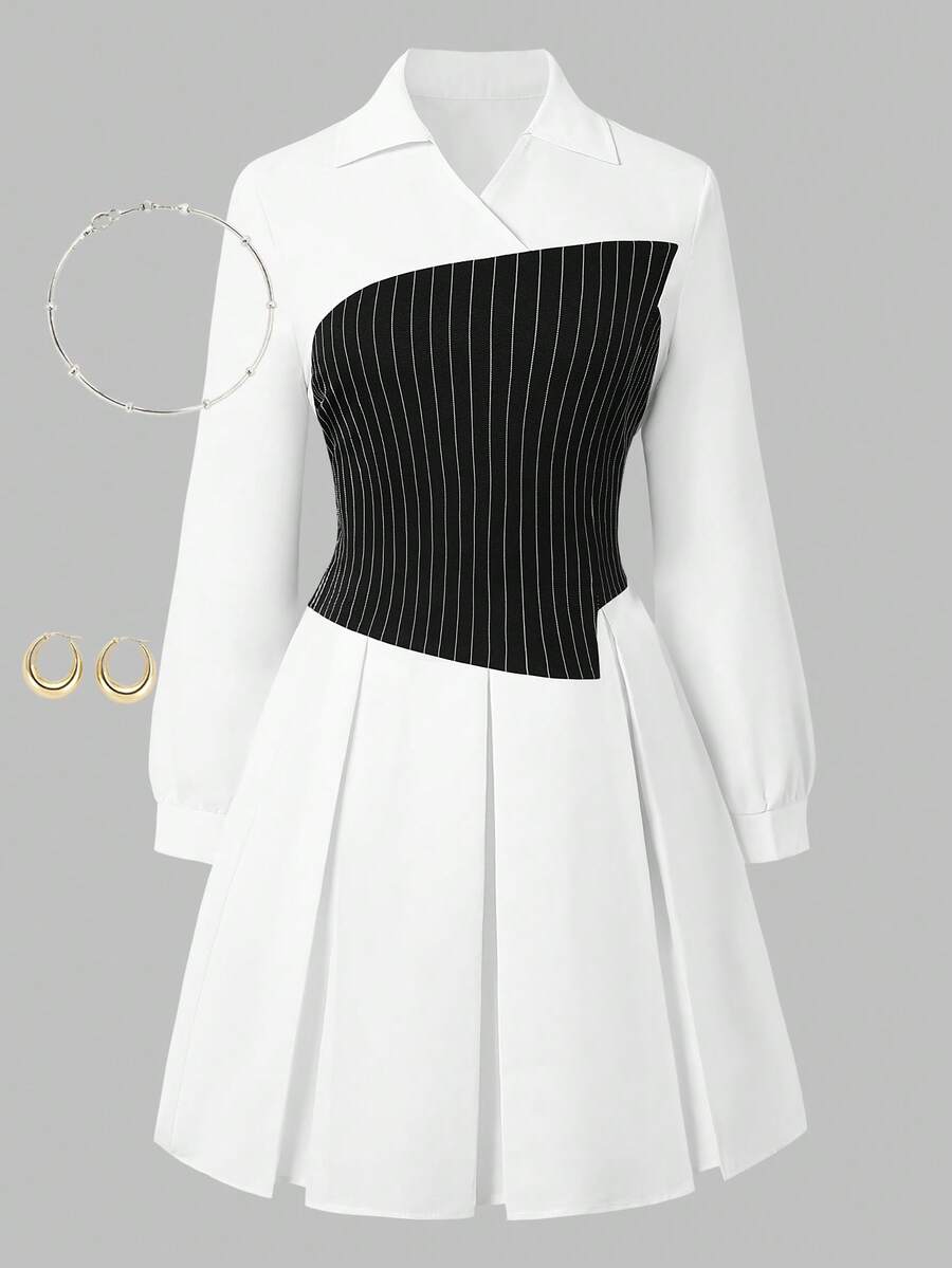 Autumn Girls Fashion Casual Striped Colorblock Shirt Midi Dress - Black and White - View 1