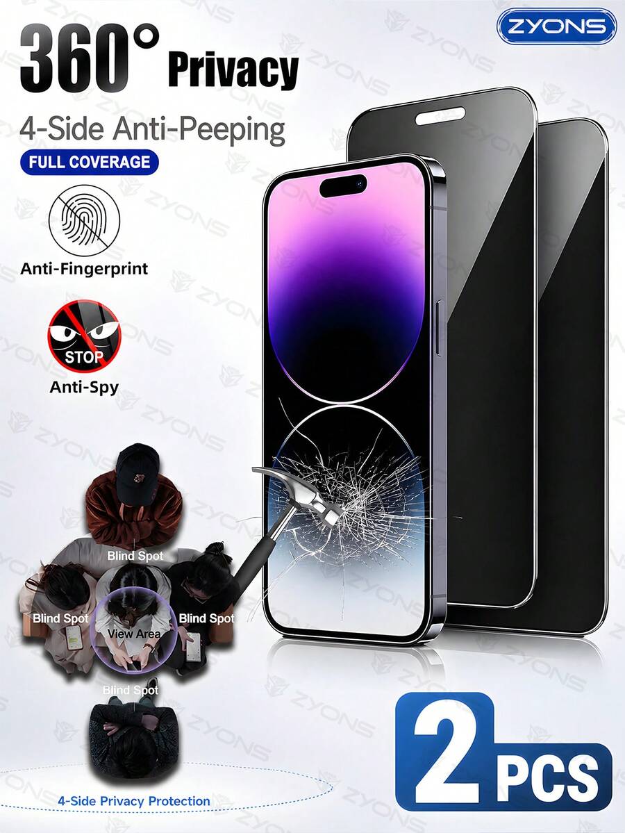 ZYONS 2pcs 360° Privacy Screen Protector For IPhone, Invisible From Top, Bottom, Left And Right, Anti-Peeping Anti-Fingerprint Anti-Drop Tempered Glass, Full Privacy Protection, Four-Side Privacy Protection, Compatible With IPhone 18 Pro Max/18 Fold/17 Pro Max/17 Air/16 Pro Max/16 Pro/16 Plus/16/16E/15 Pro Max/14 Pro Max/13/12/11/XS Max/XR/X Series Phone Cases, Screen Protector [360° Anti-Peeping Privacy]