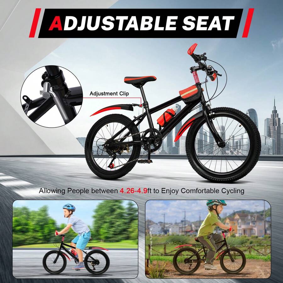 OUKANING 20 Inch 7 Speed Mountain Bike, Carbon Steel Frame Front Caliper & Rear V Brake Bicycle With Adjustable Seat For Outdoor Rough Terrain Riding - Red - View 1