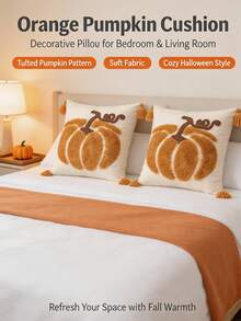 1pc Halloween Brown Pumpkin Pattern Square Pillow Case, Bohemian Chenille With Tufted Craft, Four-Corner Tassel Decoration, Country Pastoral Style, Suitable For Autumn Living Room, Bedroom, Sofa, Windowsill, Leisure Gathering, Etc., No Filling Included, 45*45cm - Multicolor - View 12