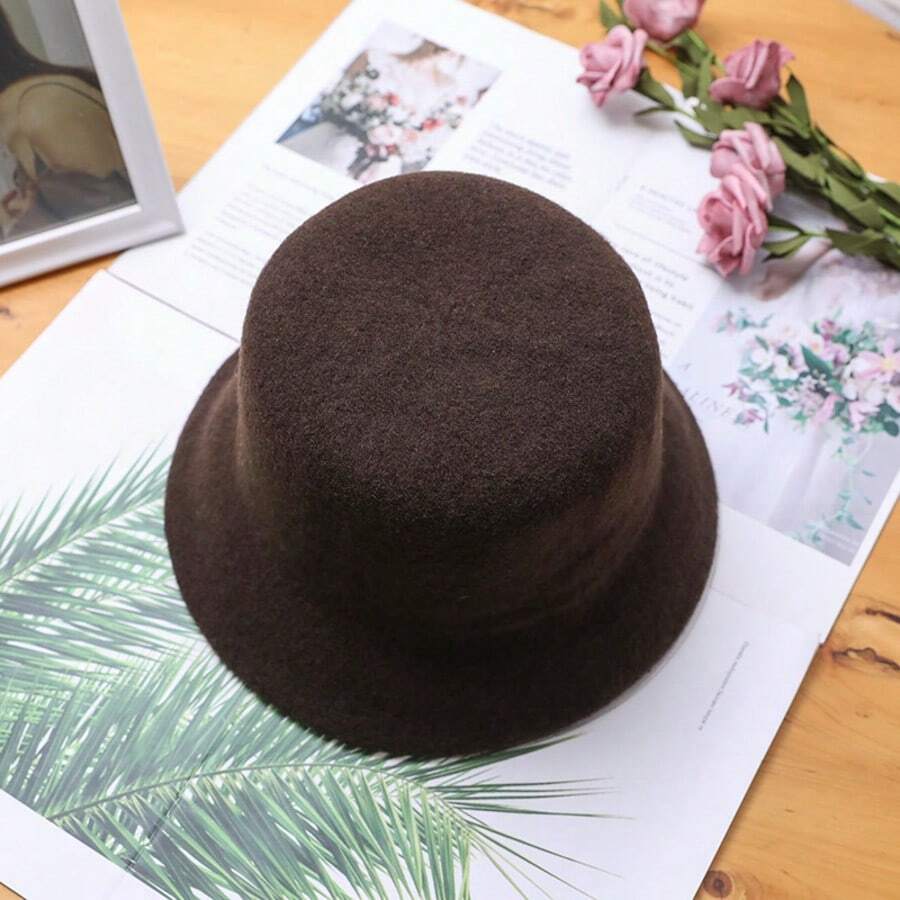 LEAJOURNO. 1 buah Topi Ember Wol Polos Wanita, Desain Melangsingkan Wajah, Gaya Mewah, Topi Ember Polos untuk Musim Gugur/Dingin - Coffee Brown - View 1