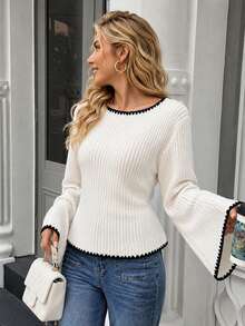NOVELLE Damen eleganter lässiger weißer Strickpullover mit Ärmeln für Herbst/Winter, rückenfrei V-Ausschnitt Schleife Preppy-Stil Top, geeignet für Date und Party - Weiss - Übersicht 5