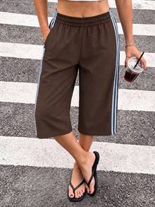 Sodalemon Women's Colorblock Loose Casual Sports Capris, Elastic Waistband, Side Pockets, Training Fitness Workout Shorts - Coffee Brown - View 6
