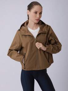 2026 New Women's Sports Jacket Loose Fit Fashion Outdoor Short Casual Jacket With Zipper Pockets On Arms, Drawstring Hem And Hood - Brown - View 3