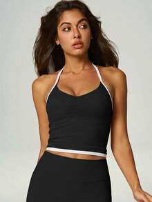 UONNOU 1pc Women's All-Season Spaghetti Strap Camisole, Shaping, Adjustable Straps, Removable Padding, Sporty Style, Black, Summer - Black - View 9