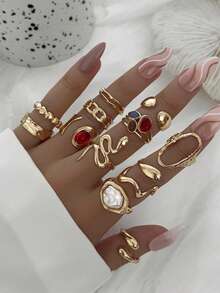 13pcs Fashion Minimalist Bohemian Colorful Rhinestone Snake Heart Water Drop Faux Pearl Gold Rings Set For Women, Vacation, Date, Party, Ball, Banquet, Holiday, Birthday Gift, Daily Wear - Yellow Gold - View 1