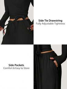 TimeOff Women's One Set Solid Color Cross Wrap Tie Waist Long Sleeve Cover Up With Elastic Drawstring Side Pockets Wide Leg Pants - Black - View 4
