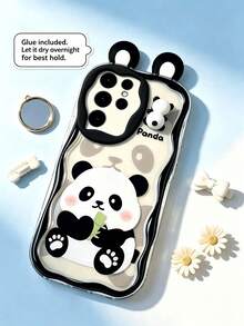 1 Stück asymmetrische transparente Luxus UV-lackierte Cartoon Panda Muster DIY Panda Ohren niedliche erhöhte Kante Anti-Sturz Handyhülle kompatibel mit Apple Handy 17 16 15 14 13, S26 Plus/S25Edge/S24/S23/S22 Ultra - transparent ch - Übersicht 7