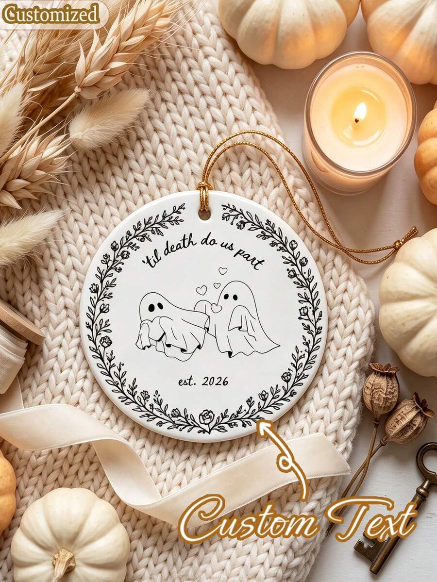 Personalized Ceramic Decor, Ceramic Hanging Ornament, Personalized Spooky Ghost 1st Anniversary Christmas Gift, Halloween Gothic Couple Engagement, Engagement Gift, Engagement Couple Customized Hanging Ornament, Wedding Gift