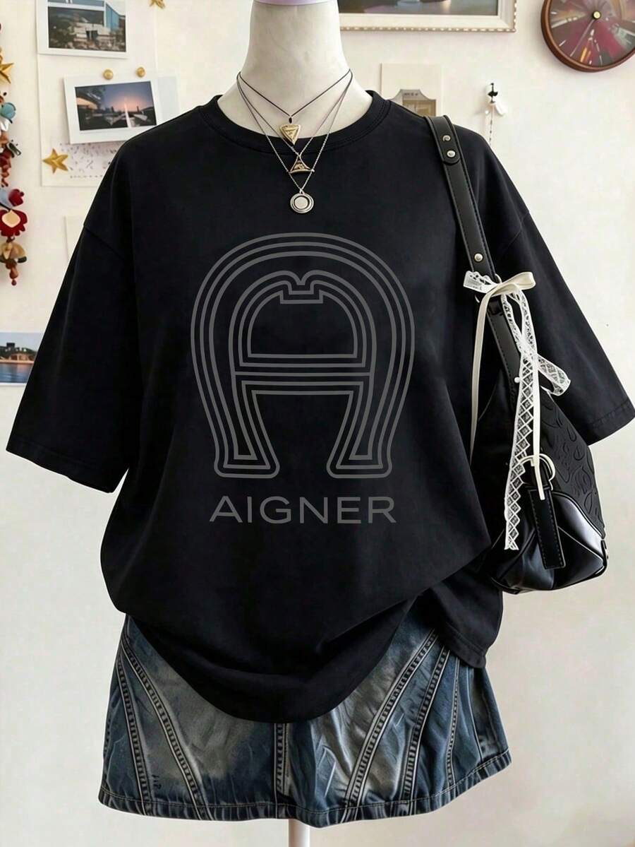 Plus Size Women's Letter Print Crew Neck Short Sleeve Casual T-Shirt, Summer Essential. Black - Black - View 1
