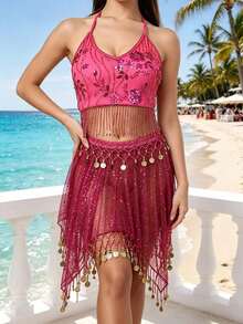 Bohemian Floral Rhinestone Fringe Halter Crop Top With Irregular Glitter Mesh Coin Skirt For Beach Trips, Island Vacations & Desert Music Festivals (Available In Multiple Colors) - Multicolor - View 3