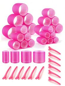 9pcs Self-Adhesive Hair Roller Set, Suitable For Different Hair Lengths, Heatless Curlers With Clips, DIY Hair Styling Tool - Hot Pink - View 1