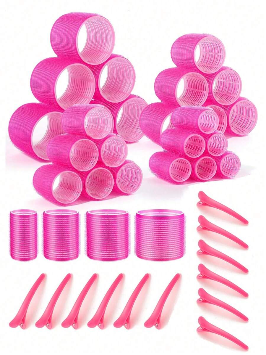 9pcs Self-Adhesive Hair Roller Set, Suitable For Different Hair Lengths, Heatless Curlers With Clips, DIY Hair Styling Tool - Hot Pink - View 1