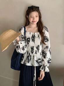 Women's Ink Painting Pleated Casual Versatile Daily Wear Shirt - Apricot - View 2