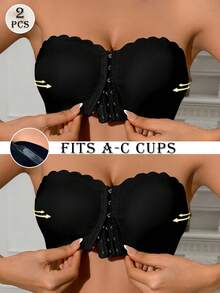 2pcs (Black + Black) Front Closure Bandeau Bra, Upgraded Non-Slip Silicone, Wireless Seamless Bra (A-C Cup) - Multicolor - View 2