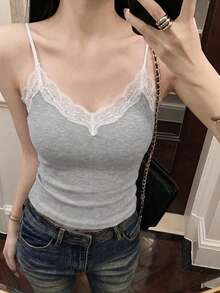春/夏法式蕾絲吊帶背心上衣，附胸墊杯，性感內層打底上衣，女款休閒 - 灰白色 - 查看 4