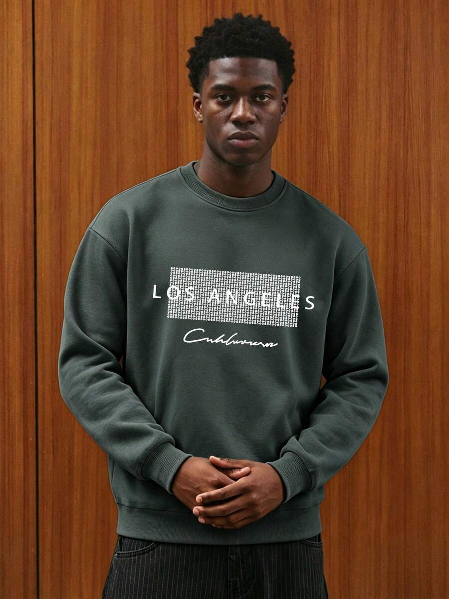 Sudadera holgada de cuello redondo con estampado de letras, de manga larga, de uso casual, para primavera/otoño - Gris Oscuro - Ver 1