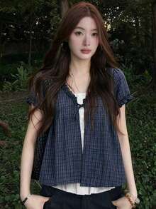 Blus Lengan Pendek 2 in 1 Gaya Jepang, Kemeja Motif Bunga Kotak-kotak, Atasan Gaya Kuliah Slim Fit, Musim Panas - Navy Blue - View 1