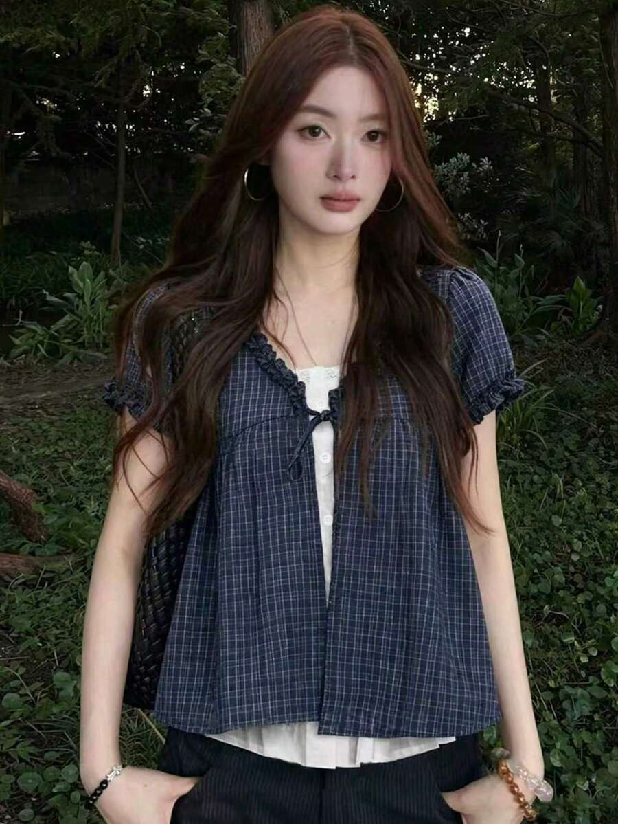 Blus Lengan Pendek 2 in 1 Gaya Jepang, Kemeja Motif Bunga Kotak-kotak, Atasan Gaya Kuliah Slim Fit, Musim Panas - Navy Blue - View 1