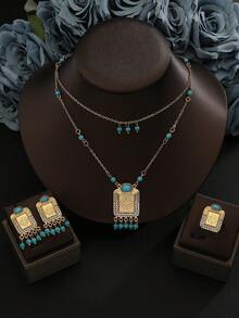 4pcs/Set, Arab Hot-Selling Middle East Lucky Totem Pendant Artificial Turquoise Jewelry Set, Multi-Layer Tassel Necklace, Dangle Earrings, Adjustable Ring, Women's Bohemian Accessories - Yellow Gold - View 5