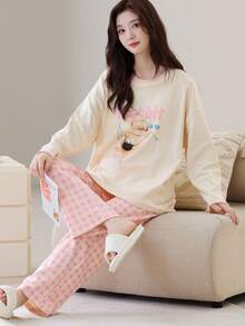 Women's Round Neck Cartoon Print Pajama Set, Shell Flower Long Sleeve Top + Pants With Pockets, Cute Pajama Set, Women's Loungewear Set - Apricot - View 1