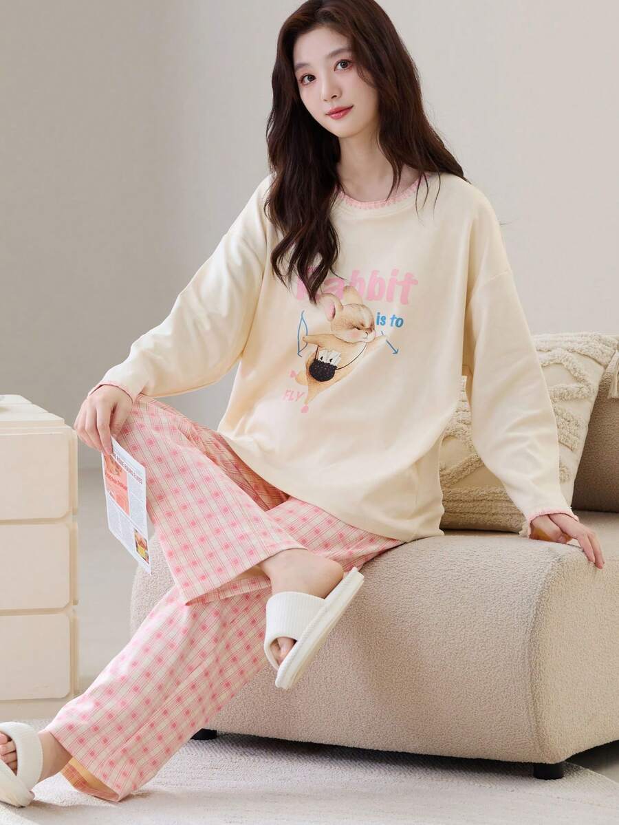 Women's Round Neck Cartoon Print Pajama Set, Shell Flower Long Sleeve Top + Pants With Pockets, Cute Pajama Set, Women's Loungewear Set - Apricot - View 1